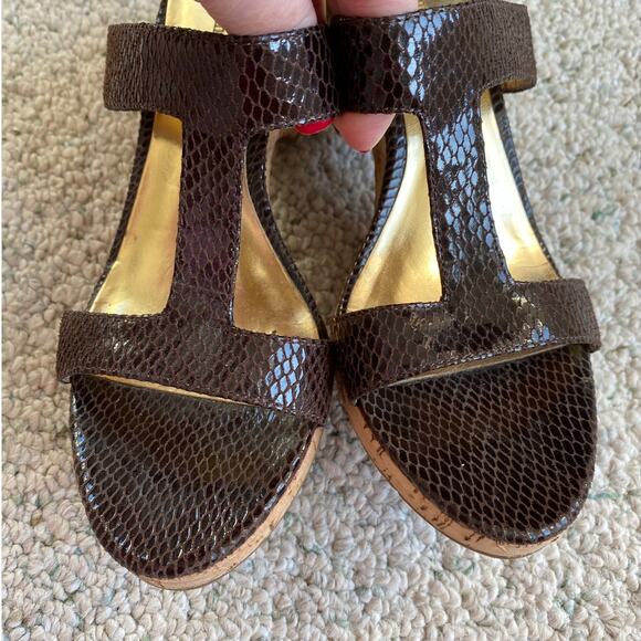 Etienne Aigner US 6.5M sandals cork wedgie heels slides brown snakeskin shoes - Picture 6 of 8